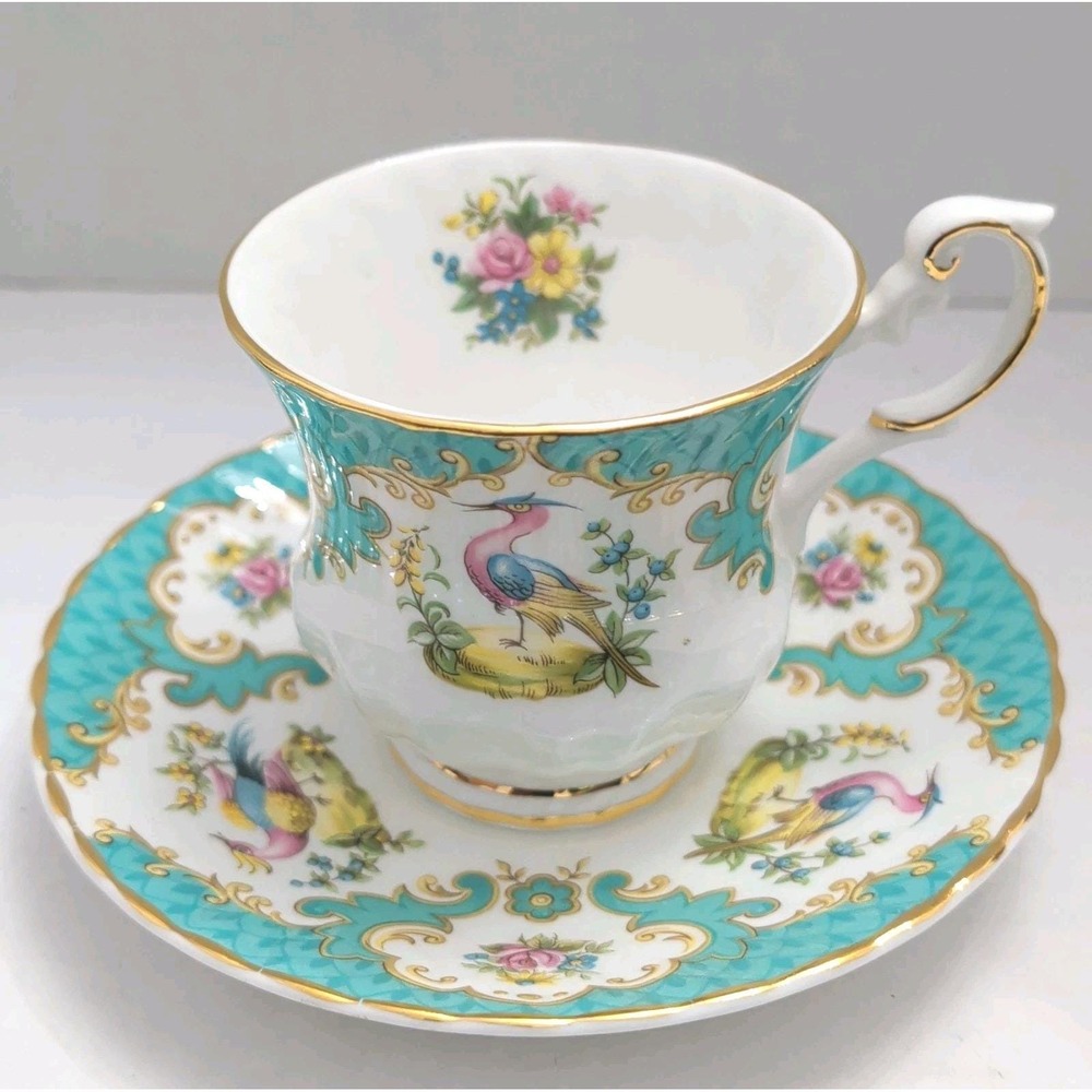 Queens Rosina Bone China England Teacup&Saucer Pink Turquoise Birds Scallop Gold